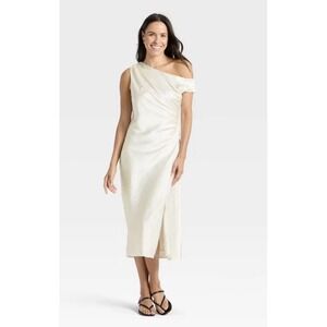 NWT Satin Maxi Dress - A New Day Women's Size Large Cream Off Shoulder Slit $50